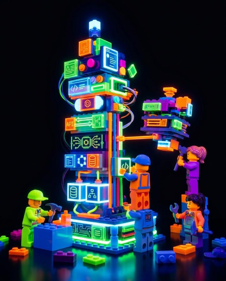 LEGO minifigures assembling a glowing neon tech stack tower