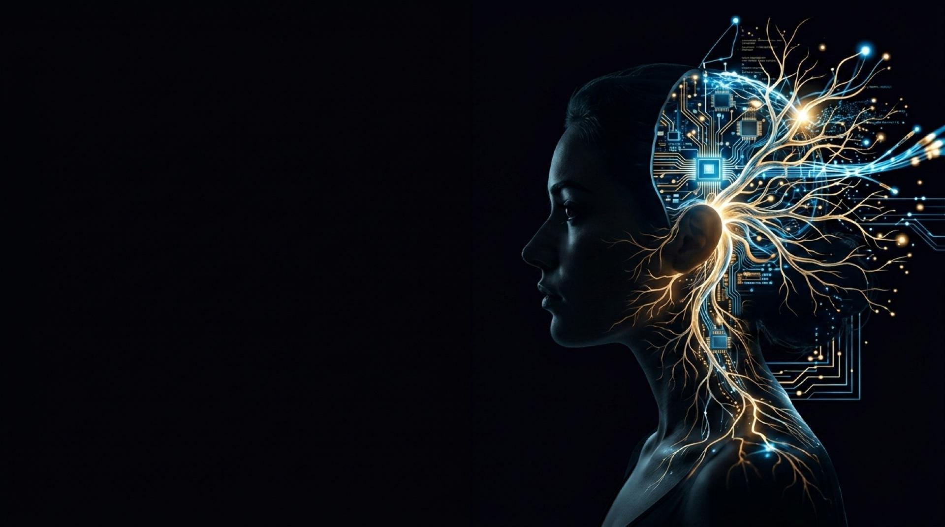 Silhouette of a woman in profile with a glowing circuit and neural network branching from her head