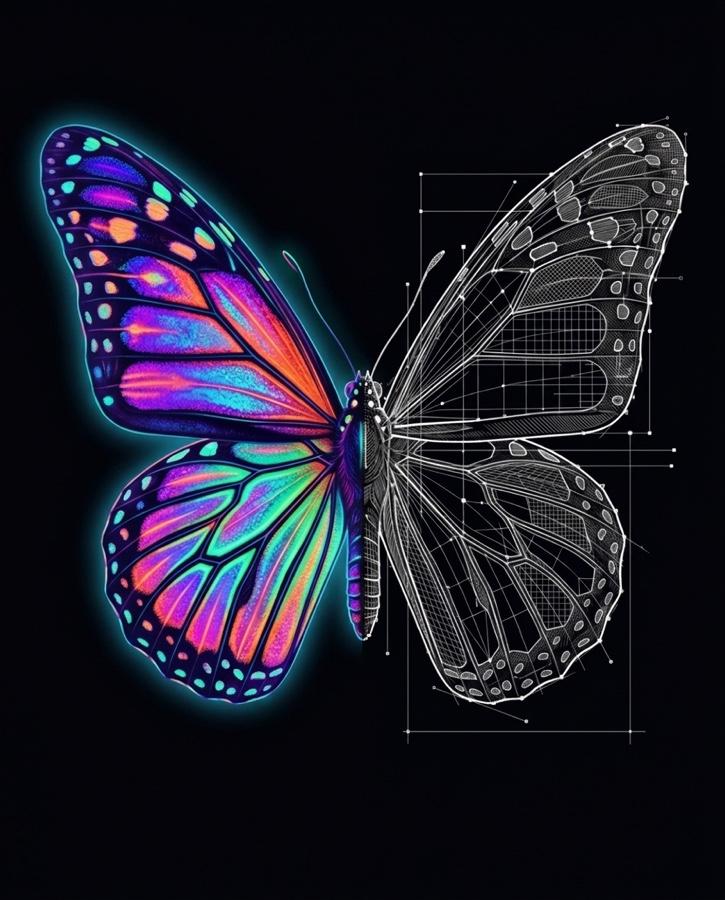 A monarch butterfly split between its natural coloured form and a technical wireframe blueprint